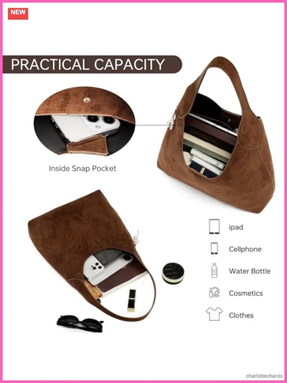 Soft Suede Slouchy Hobo Shoulder Bag Lightweight Tote with Spacious Interior